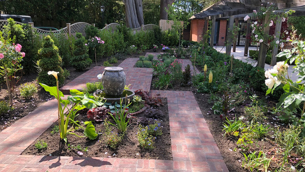 Paved paths around flower beds